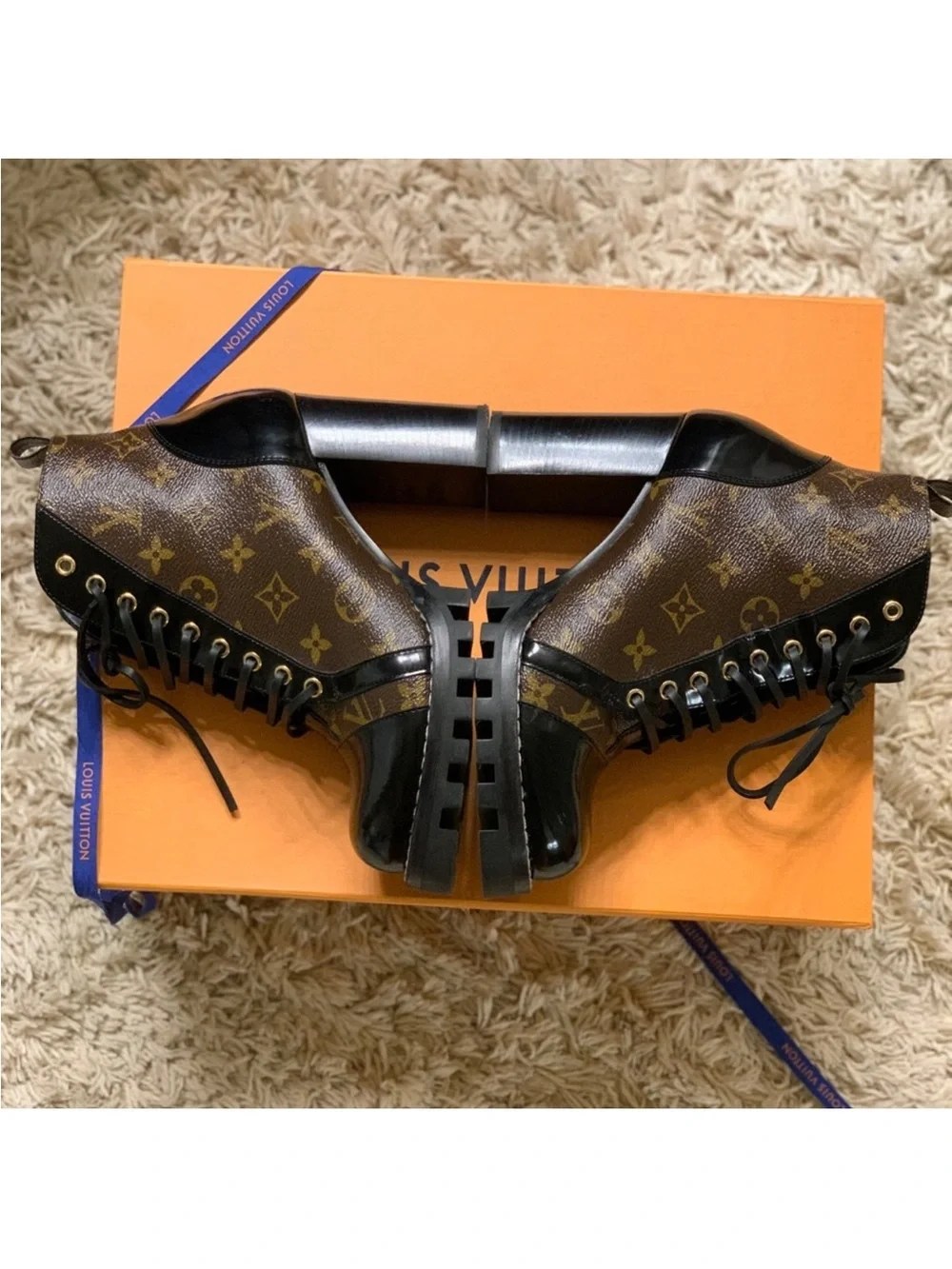 Louis Vuitton Brown Monogram & Black Leather Lace-Up Platform Boot